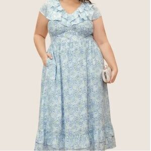 Bloomchic Chiffon Flutter Sleeve Dress Ruffled Midi Blue Green NEW 2X 18/20 Plus